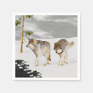 Serviette En Papier Loups en peinture sur neige - Art original de la f