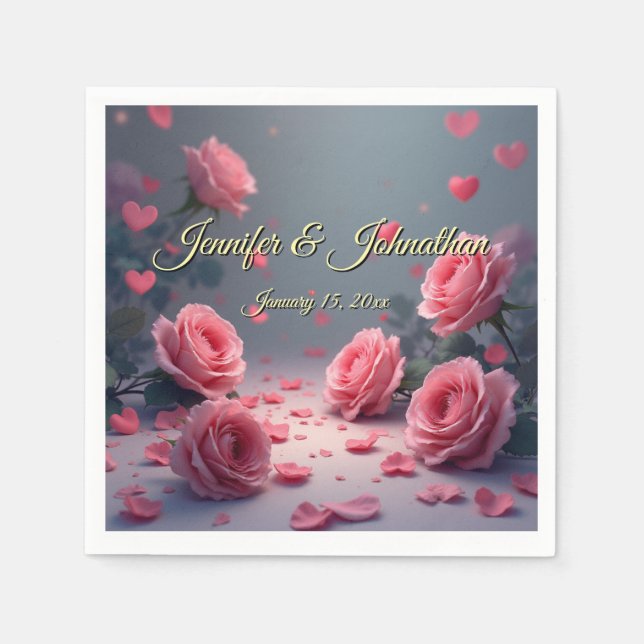Serviette En Papier Love is in Bloom Pink Roses Wedding Customize (Devant)