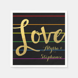 Serviette En Papier Love Rainbow Pinstripe LGBT Faux Gold Foil