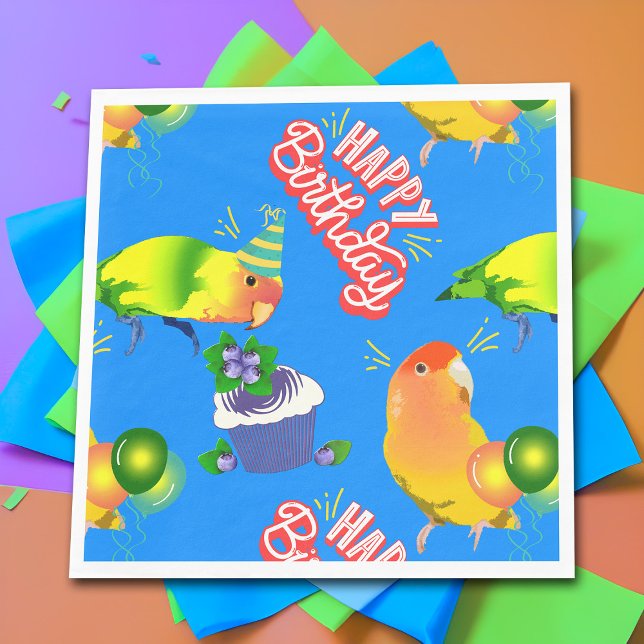 Serviette En Papier Lovebird Anniversaire Blue Animaux Bird Thème Fun  (Cute pet lovebird birthday party napkins)