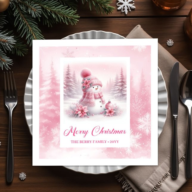 Serviette En Papier Lovely Pink Snowman Winter Forest Christmas Napkin (Lovely Pink Snowman Winter Forest Christmas Napkins)