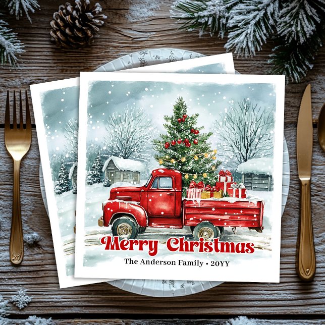 Serviette En Papier Lovely red truck Christmas scene rustic napkin set (Lovely red truck Christmas scene rustic napkin set)