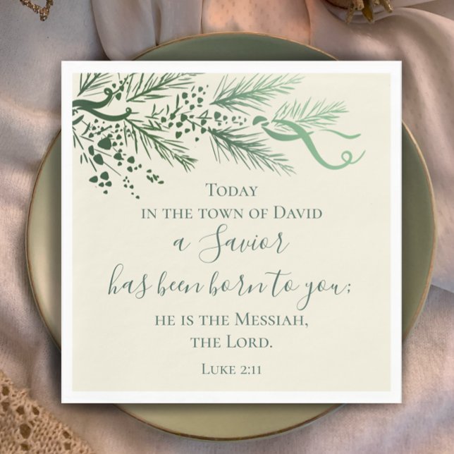 Serviette En Papier Luc 2:11 Écriture Personnalisée Pin moderne Noël (Luke 2:11 Christian scripture elegant sage pine Christmas dinner napkins. Custom modern script decor)
