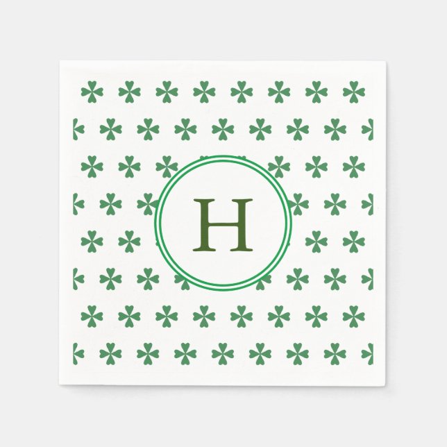 Serviette En Papier Lucky Green Four Leaf Clover | Monogramme (Devant)