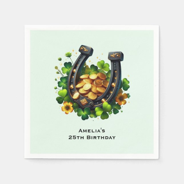 Serviette En Papier Lucky Horseshoe Gold Coins et Clover Anniversaire (Devant)