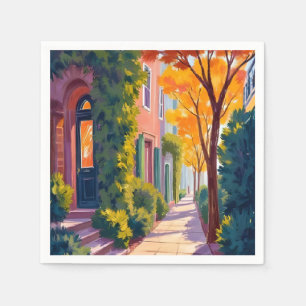 Serviette En Papier Lueur de rue de la ville d'automne   Aquarelle d'a