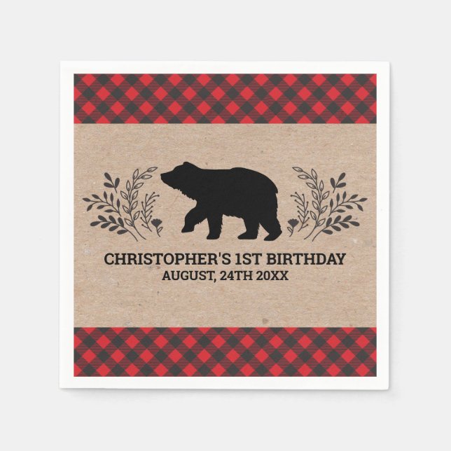 Serviette En Papier Lumberjack Bear 1er fête d'anniversaire (Devant)