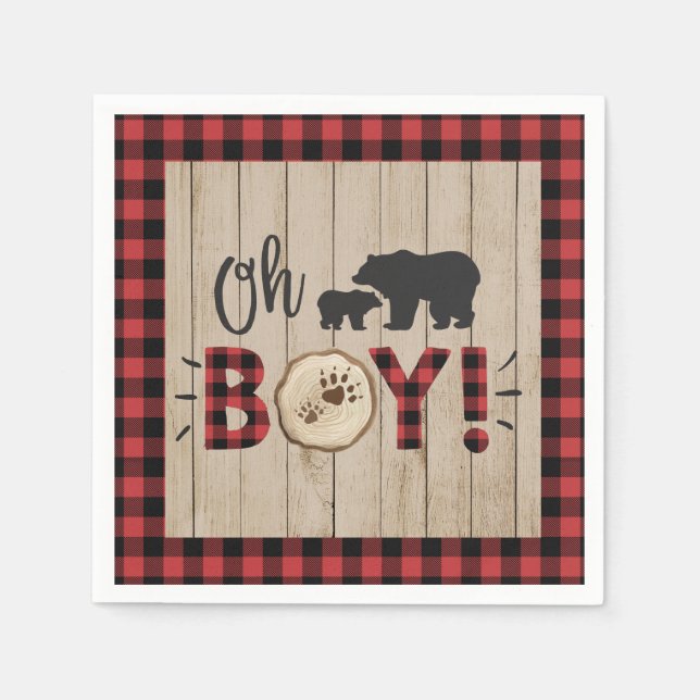 Serviette En Papier Lumberjack Ours Rouge Noir Plaid Baby shower Garço (Devant)