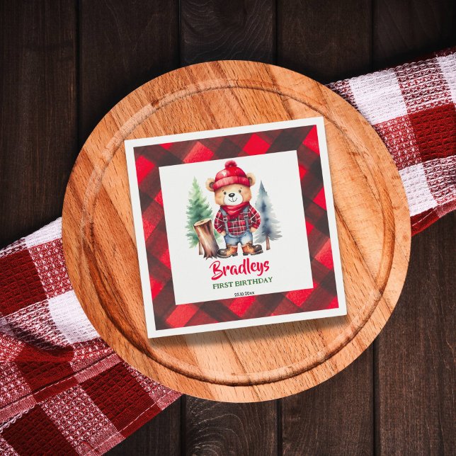 Serviette En Papier Lumberjack partie vaisselle joli ours en peluche (Lumberjack birthday tableware personalized napkins cute teddy bear in lumberjack clothes fir trees)