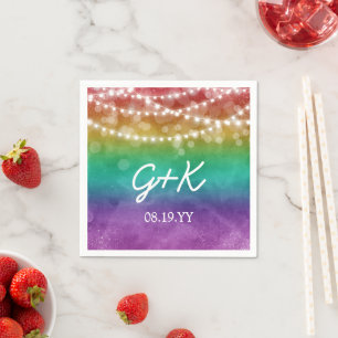 Serviette En Papier Lumières à cordes ombrées arc-en-ciel Mariage gay 