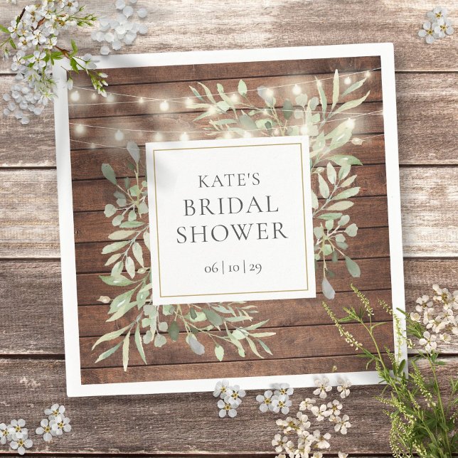 Serviette En Papier Lumières de Chaîne en Bois Rustique de la Verdure  (Greenery Rustic Wood String Lights Bridal Shower Napkins)