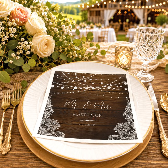 Serviette En Papier Lumières de Chaîne en Bois Rustique et Mariage en  (Créateur téléchargé)