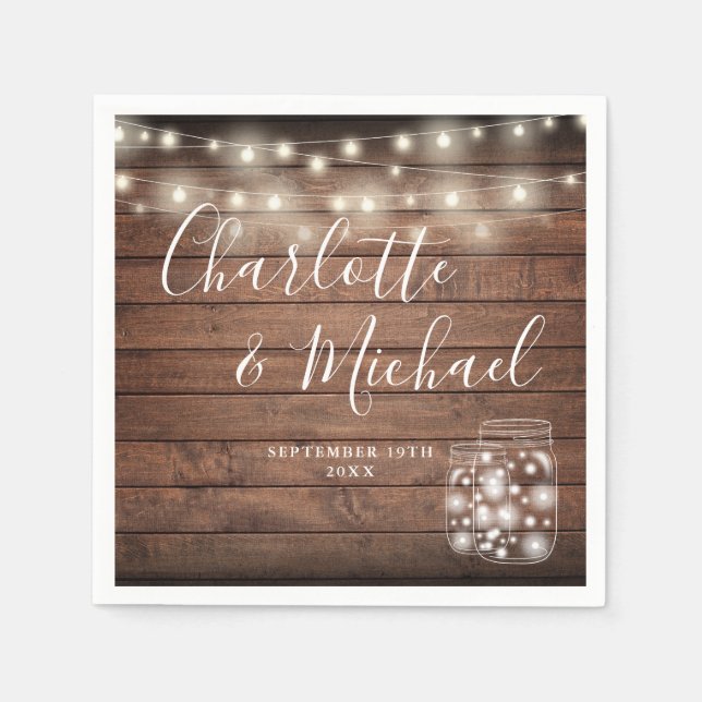 Serviette En Papier Lumières de Chaîne en Bois Rustique Mariage Bocaux (Devant)