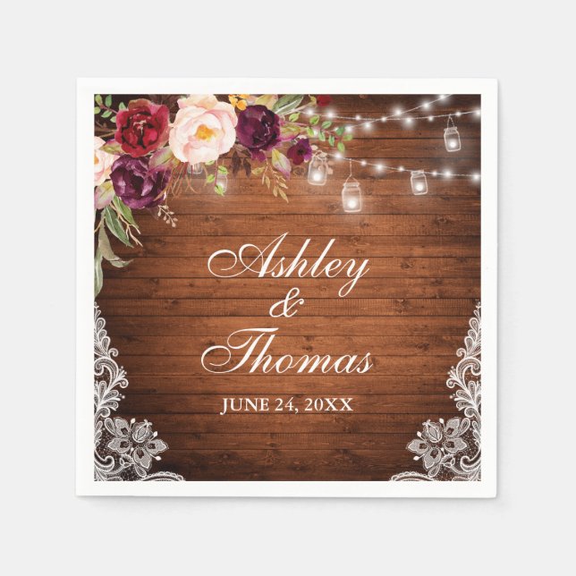 Serviette En Papier Lumières de Jar en Bois de Mariage Rustique Fleur  (Devant)