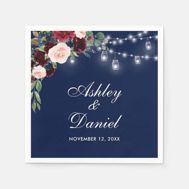 Serviette En Papier Lumières Florales Aquarelle Bordeaux Bleu Mariage (Devant)