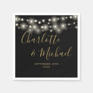 Serviette En Papier Lumières Guirlande Écriture Signature Mariage Noir