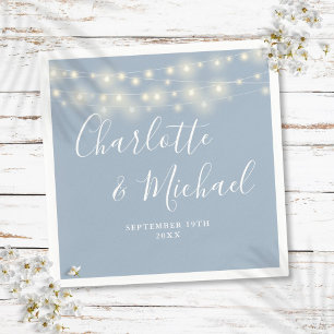 Serviette En Papier Lumières Guirlande Signature Mariage Bleu Poussiér
