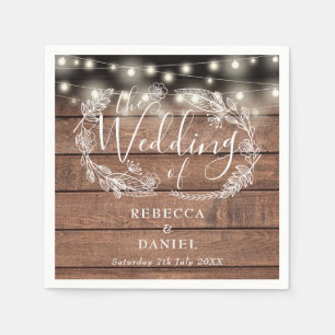 Serviette En Papier Lumières Guirlandes Florales Rustique Bois Mariage