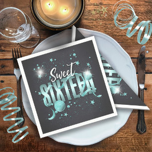 Serviette En Papier Lune et étoiles Sweet 16 Turquoise/noir ID788
