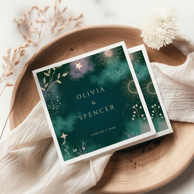 Serviette En Papier Lune magique céleste et étoiles Mariage émeraude (Créateur téléchargé)