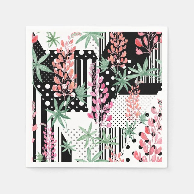 Serviette En Papier Lupines sur un patchwork arrière - plan noir et bl (Devant)
