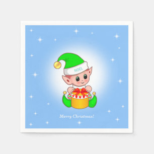 Serviette En Papier lutin de Noël et étoiles sur fond bleu clair