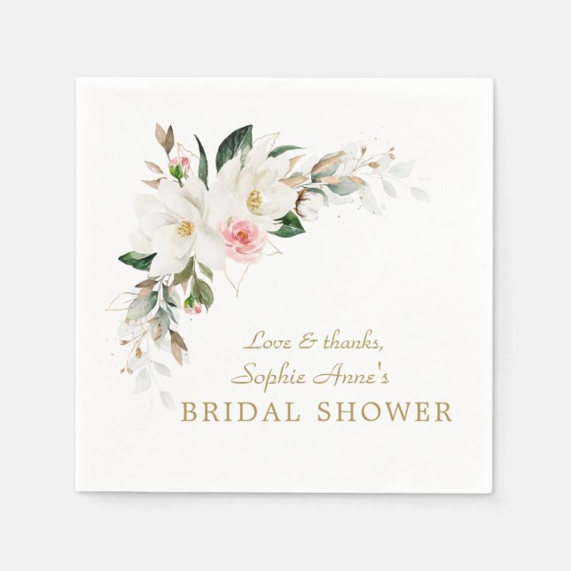 Serviette En Papier Luxe blanc Magnolia rose Fête des mariées florale (Devant)