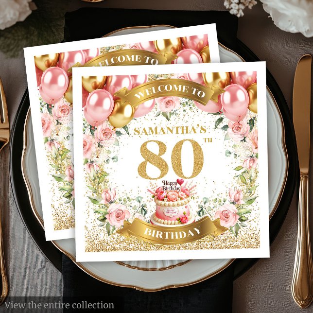 Serviette En Papier Luxe Blush Flowers 80e Anniversaire Papier Napkins (Luxe Blush Flowers 80th Birthday Paper Napkins)