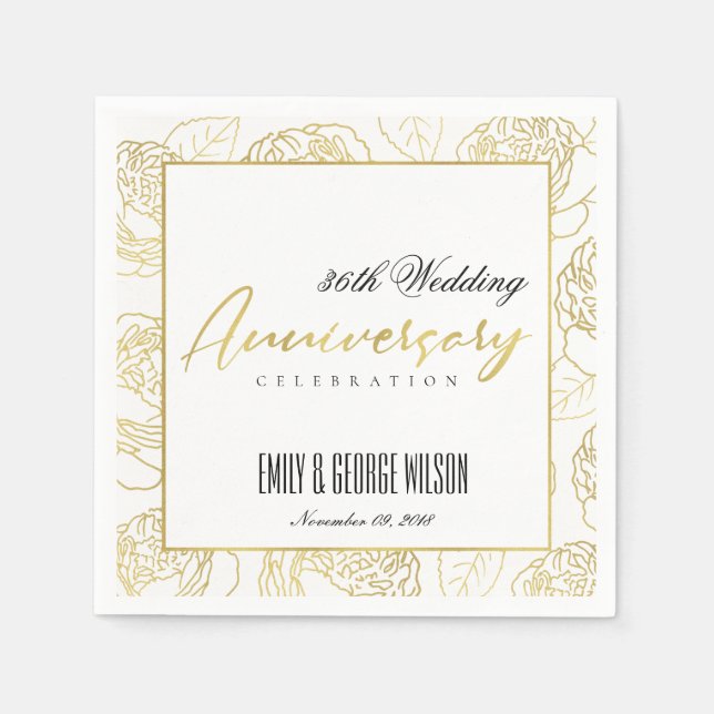 SERVIETTE EN PAPIER LUXE GOLD WHITE ROSE FLORAL TOUTE ANNÉE ANNIVERSAI (Devant)