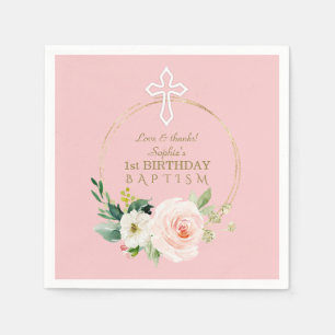 Serviette En Papier Luxe Pink Blush Floral 1er Anniversaire et Baptême