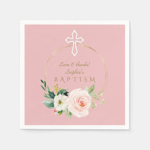 Serviette En Papier Luxe rose Blush Floral Blanc Croix Baptême