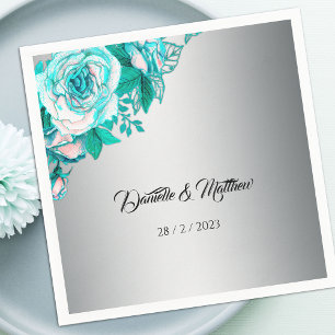 Serviette En Papier Luxueux Roses Aqua sur un mariage élégant argent
