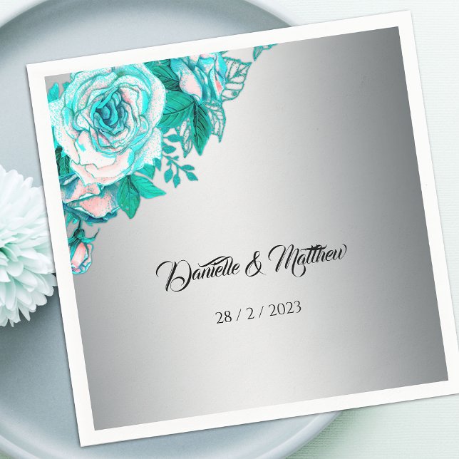 Serviette En Papier Luxueux Roses Aqua sur un mariage élégant argent (Créateur téléchargé)