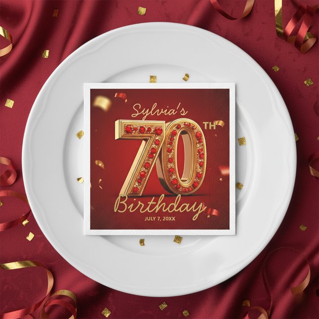 Serviette En Papier Luxury Gold Red Ruby Jewel Diamond 70th Birthday (Créateur téléchargé)