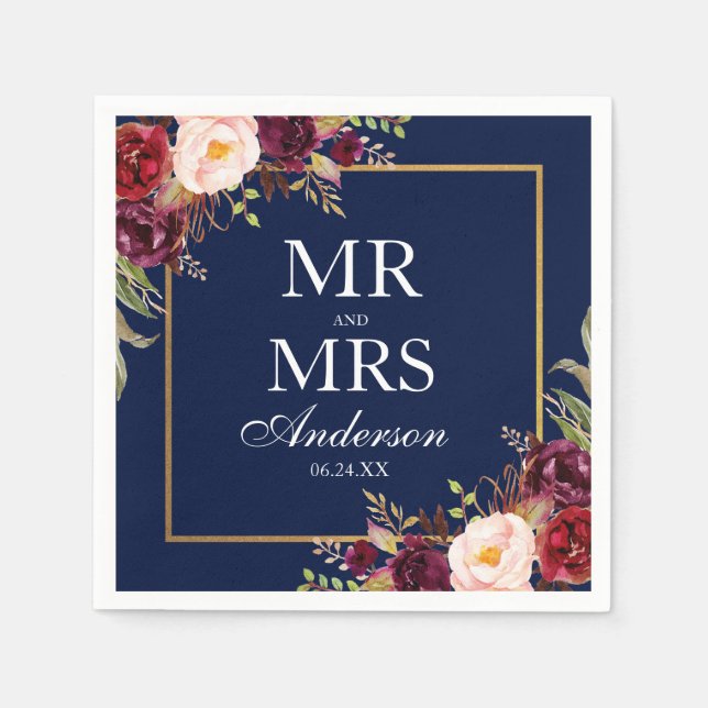 Serviette En Papier M. et Mme Burgundy Floral Blue Gold Mariage (Devant)