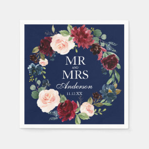 Serviette En Papier M. et Mme Burgundy Floral Blue Mariage