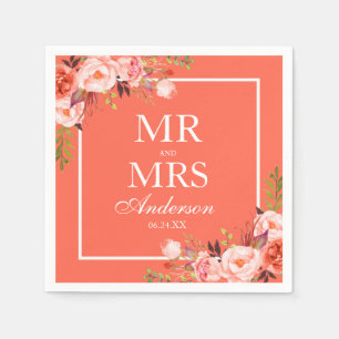 Serviette En Papier M. et Mme Coral Floral Mariage blanc