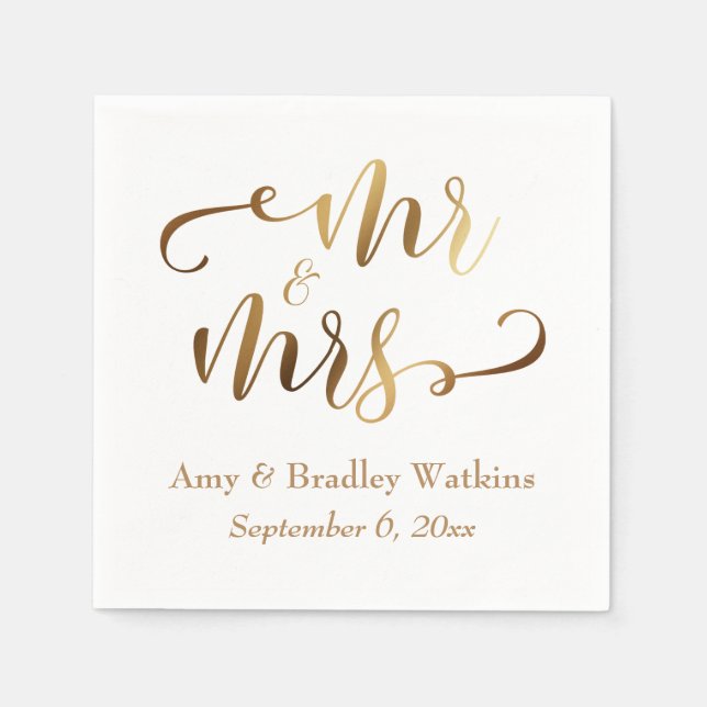 Serviette En Papier "M. et Mme" Faux Gold Foil Script sur blanc (Devant)