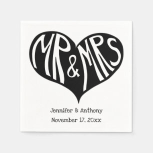 Serviette En Papier M. et Mme Mariage en forme de coeur noir et blanc