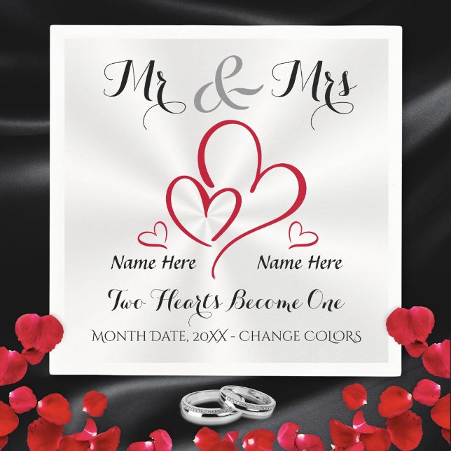 Serviette En Papier M. et Mme Mariage Napkins, Mariage personnalisé (Mr & Mrs cocktail napkins. Mr and Mrs personalized wedding napkins. Red, Black, Gray. White Wedding.)