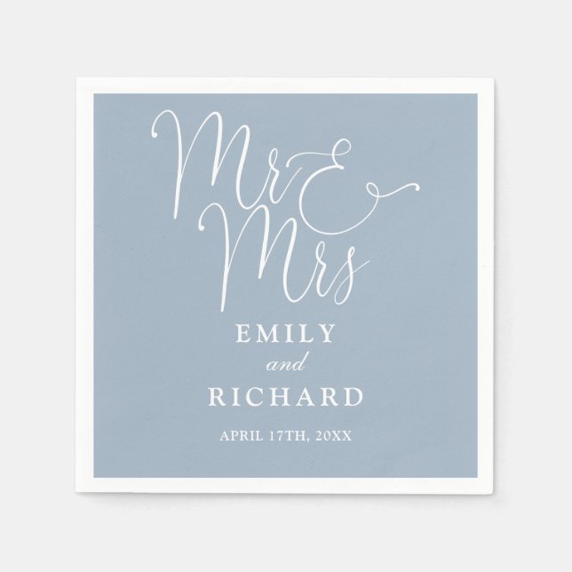 Serviette En Papier M. Et Mme Script Elegant Dusty Blue Mariage (Devant)