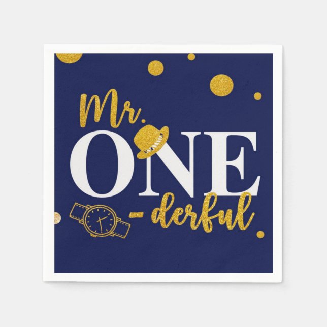 Serviette En Papier M. One-derful Navy Blue and Gold Birthday Party (Devant)