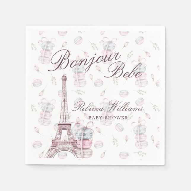 Serviette En Papier Macaron bleu rose Bonjour Bebe Paris Baby shower (Devant)