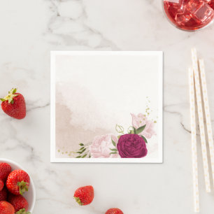 Serviette En Papier magenta fleurs roses verdure mariage