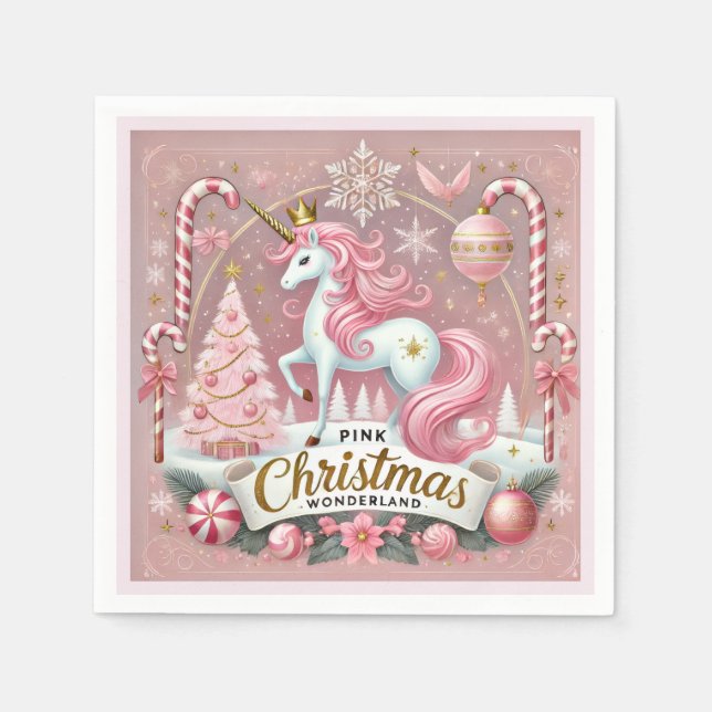 Serviette En Papier Magical Pink Christmas Wonderland Unicorn  (Devant)