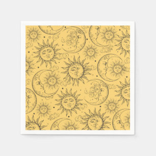 Serviette En Papier Magie Jaune Vintage Ciel Soleil Lune Étoiles