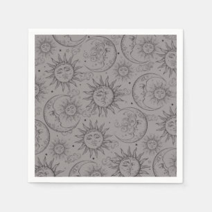 Serviette En Papier Magie Noire Grise Vintage Céleste Soleil Lune Étoi