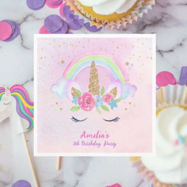 Serviette En Papier Magique Unicorn Rainbow rose Anniversaire (Pink Magical Unicorn Rainbow Birthday Napkins)