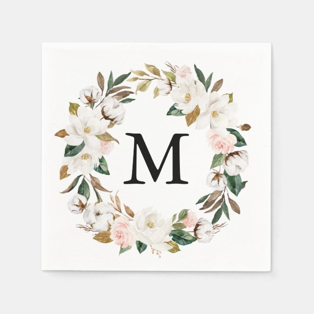 Serviette En Papier Magnolia Coton Monogram Mariage Cocktail Napkin (Devant)