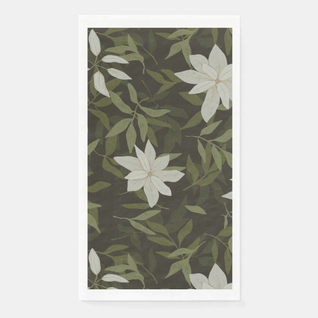 Serviette En Papier Magnolia et feuilles verts sur noir (Devant)
